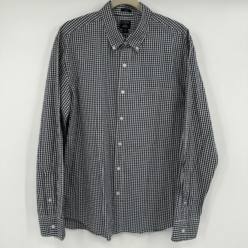 J Crew Flex Washed Slim Fit Gingham Shirt Mens XL Navy Blue White Long Sleeve‎